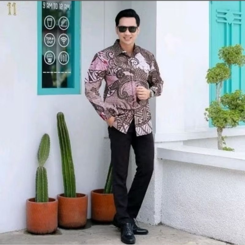 DUSTI PINK ATASAN KEMEJA BATIK PRIA LENGAN PANJANG SLIM FIT LAPIS FURING BAHAN KATUN SOLO HALUS
