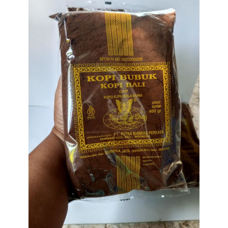 

Oleh Oleh Bali - Kopi Bubuk Bali Cap Kupu Kupu Bola Dunia kemasan baru 400 Gram