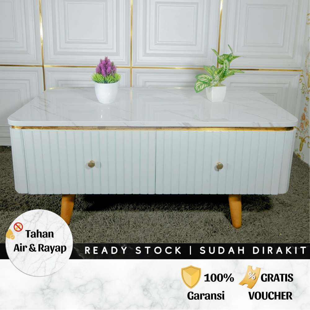 Meja TV Minimalis Modern 100cm Kotak - Meja Tamu HPL Marmer Gold 2 Rak Elegan Ruang Tamu Mewah