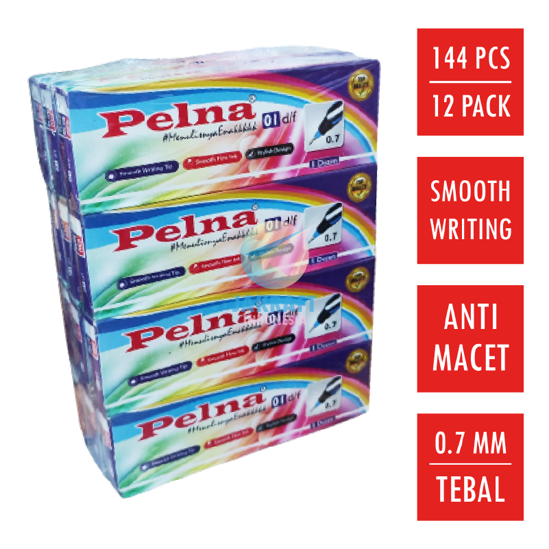 

(12 Pack) GROSIR Pulpen Bolpen Pen Murah Tebal PELNA 01 Hitam Black / Biru Blue Lilin Ulir Smooth Writing Souvenir Warna Warni Mirip Quantum | GROSS