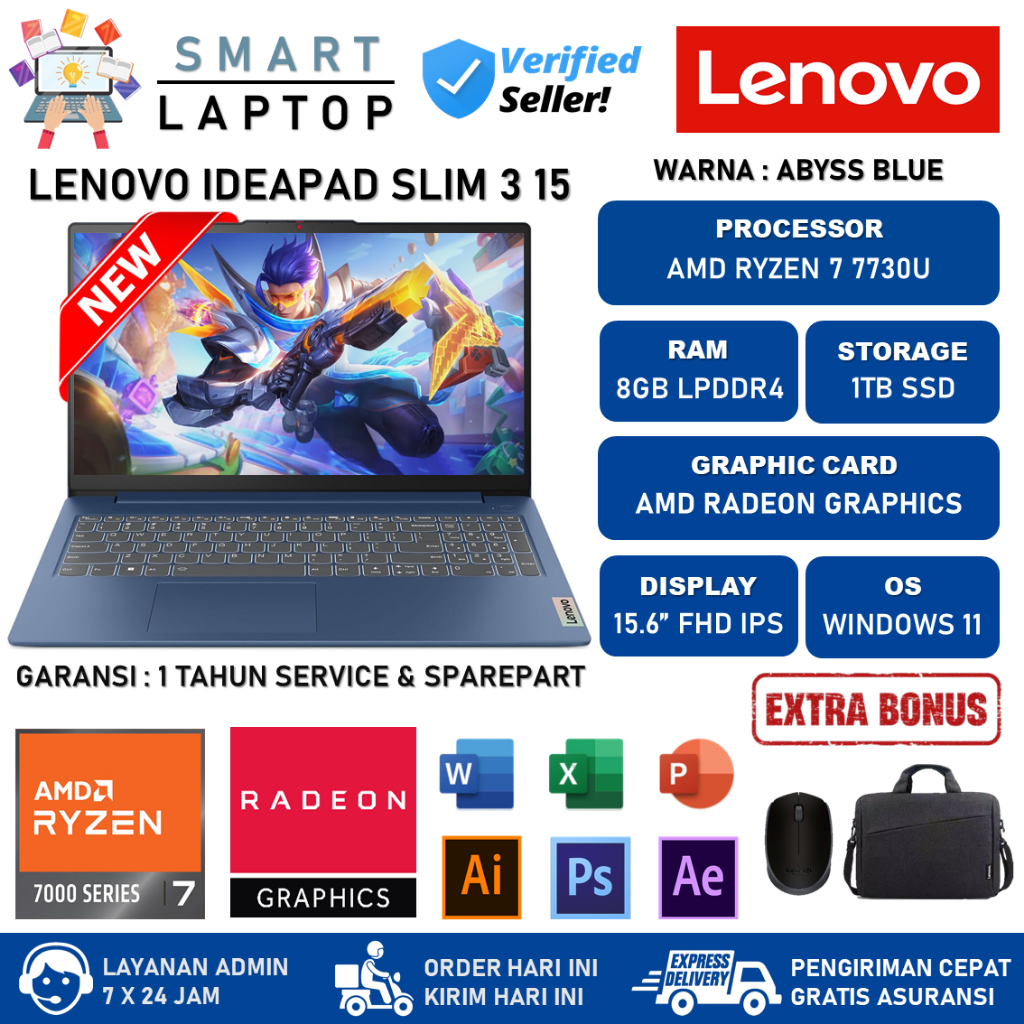 Laptop Lenovo Ideapad Slim 3 15 AMD Ryzen 7 7730U 8GB 1TB SSD 15.6" FHD IPS Windows 11 Home