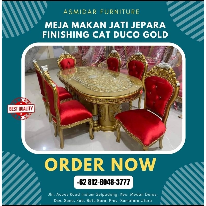 Meja makan sultan jati Jepara finishing cat Duco gold