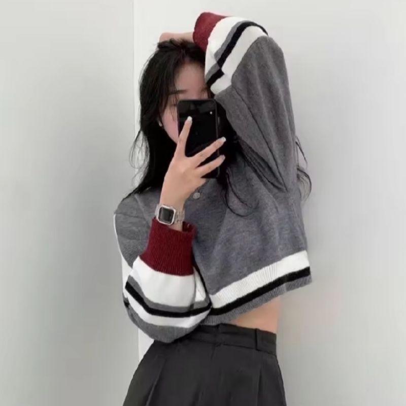 Sweater Wanita Dewasa Cewek Korean Style Baju Atasan Crop Top Rajut Tangan Panjang Model Balon