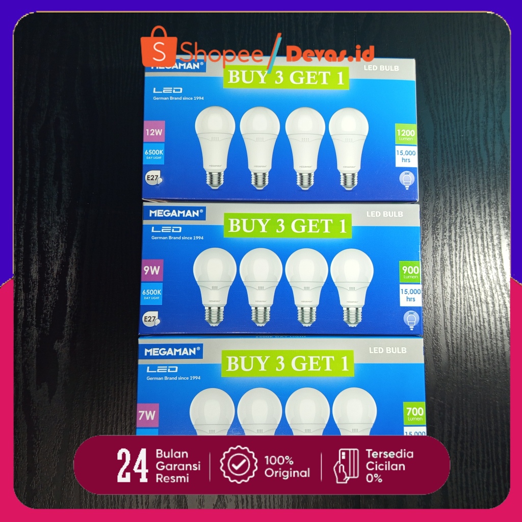 Megaman Led Multipack A-Bulb Bulat 7W/9W/12W Putih Terang isi 4 Lampu Led GARANSI RESMI 2 TAHUN