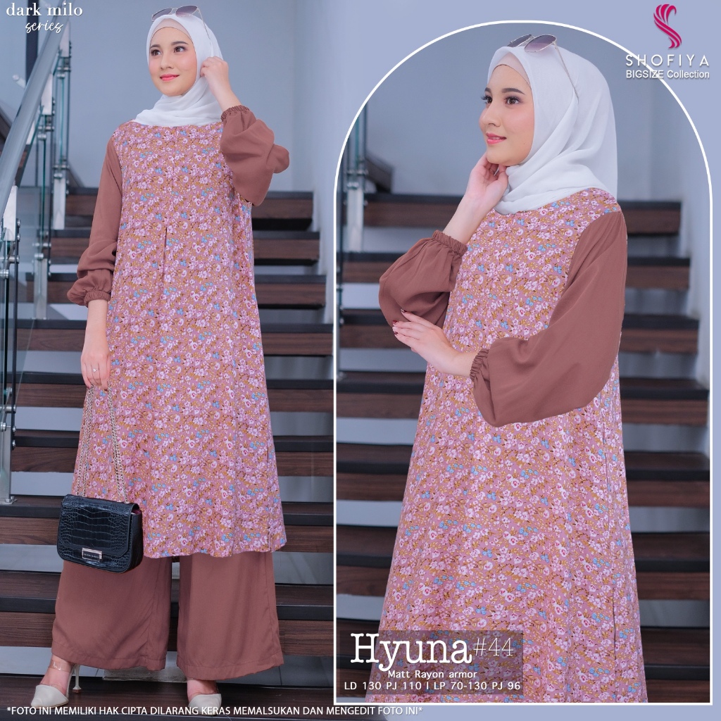 Hyuna44 baju setelan one set blouse tunik wanita muslim jumbo ld 130 rayon polkadot kekinian terbaru