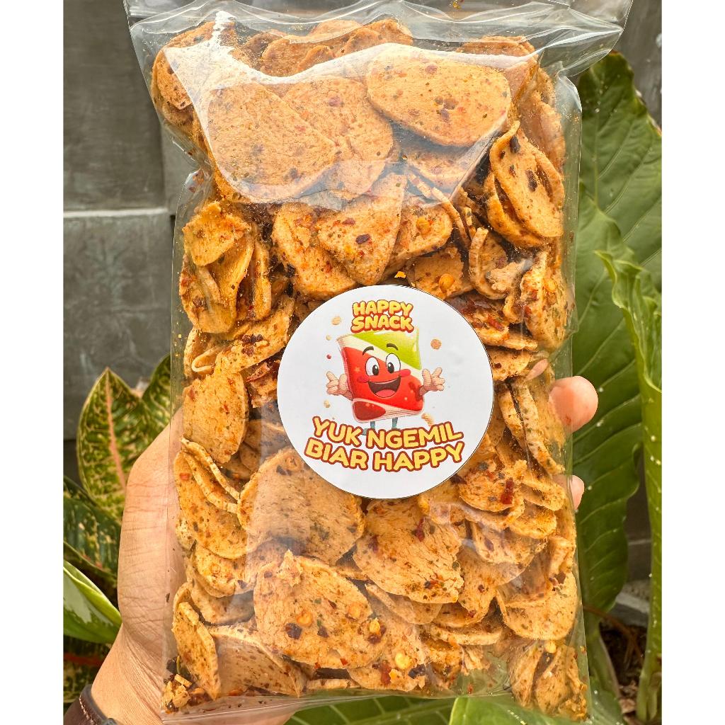 

Basreng chili oil Happy Snack kemasan praktis 200gram cemilan renyah pedas gurih asin keripik koin