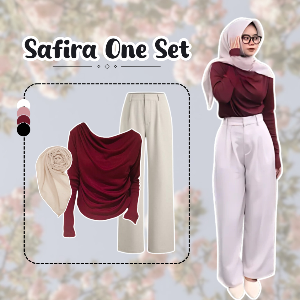One Set Wanita Setelan Nongkrong (Blouse + Celana + Hijab) OOTD Simple Style - DS079 N