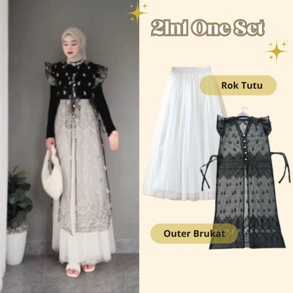 One Set Outer Brukat Sapto / Outer Tunik Brukat Kondangan + Rok Tutu Panjang Tile 2 Lapis