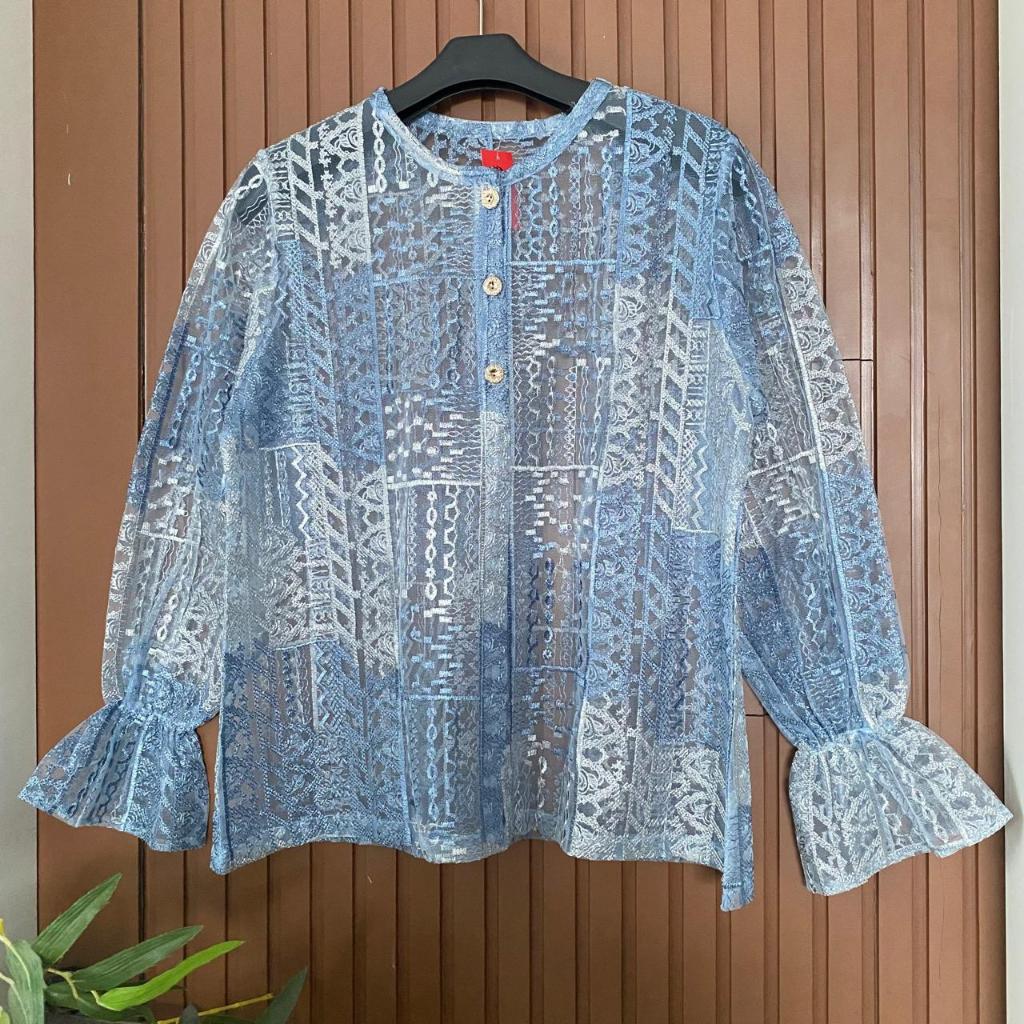 Nafeesa Outer Brukat Etnik Cardigan Brokat Lengan Panjang Karet Ruffle Outerwear Lace