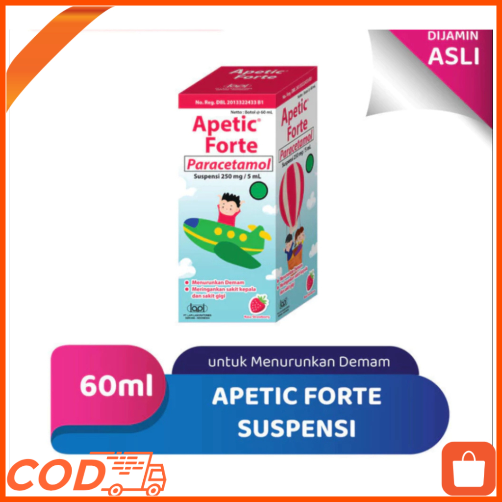 Apetic Forte Paracetamol 60 mL - Obat Demam dan Nyeri Anak Rasa Strawberry, Apetic Paracetamol