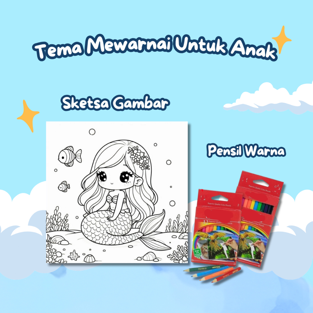 Kertas Gambar Mewarnai Untuk Anak TK & Paud Tema : Putri Duyung Isi 20 Lembar Mewarnai