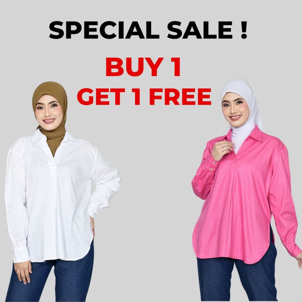 Buy 1 Get 1 Kemeja Kerja Katun Linen Wanita Putih Fit XL LEZAHRASIGNATURE Kemeja Cotton