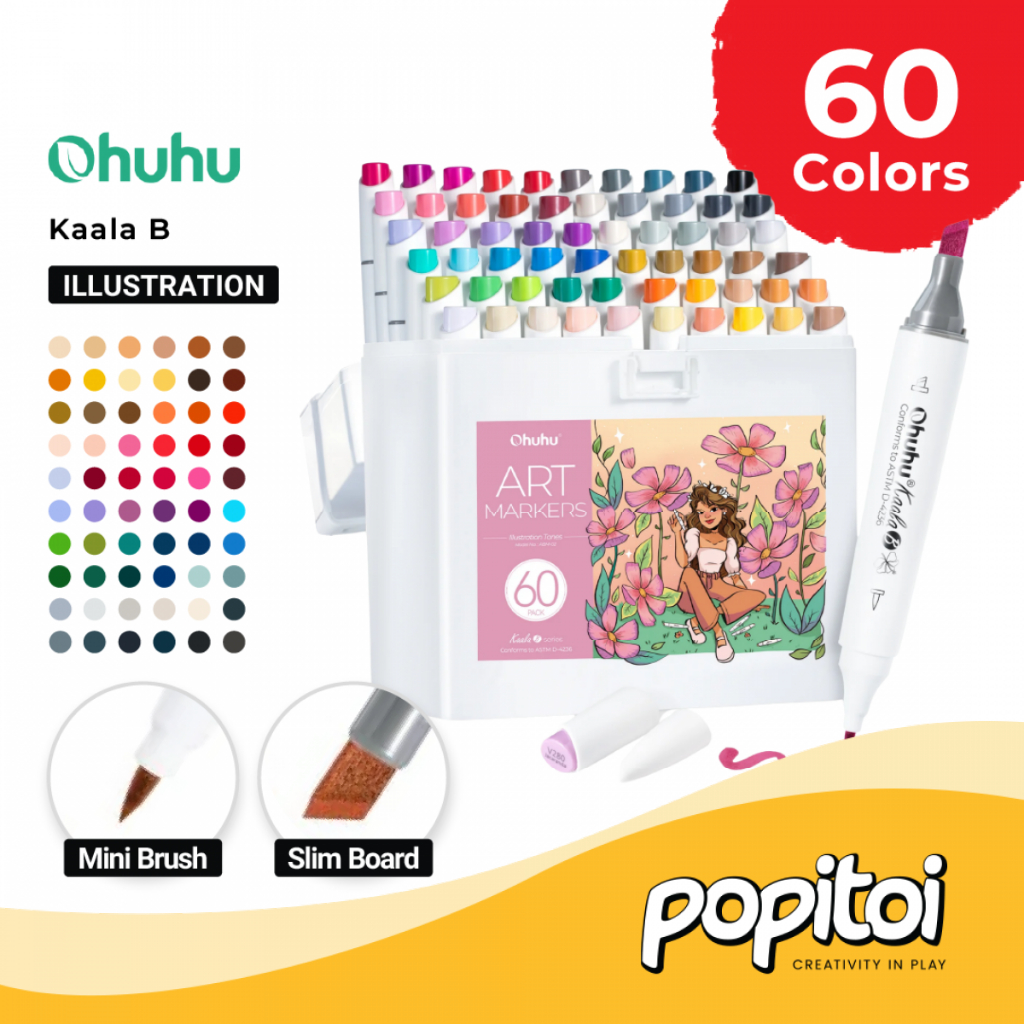 

OHUHU Kaala B 60 Colors Dual Tip Slim Broad & Mini Brush Alcohol Art Marker