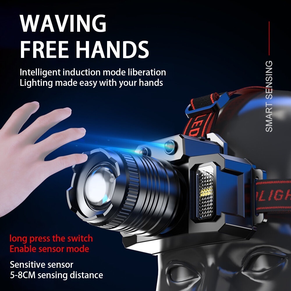 NR Beli 1 Gratis 1Headlamp LED Outdoor 500W Senter Kepala Super Terang 5000 Lumen Pengisian Type-C 5