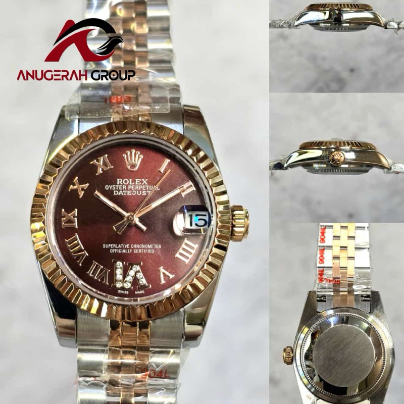 ROLEX DATEJUST 31MM AUTOMATIC / JAM TANGAN WANITA ROLEX COMBI ROSEGOLD RED ROMAWI PREMIUM GRADE AAA