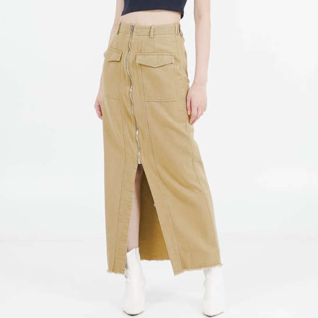 Enzy Storia X This Is April Rok Panjang Wanita Stylish Casual ES Chara Zipper Skirt Brown & White