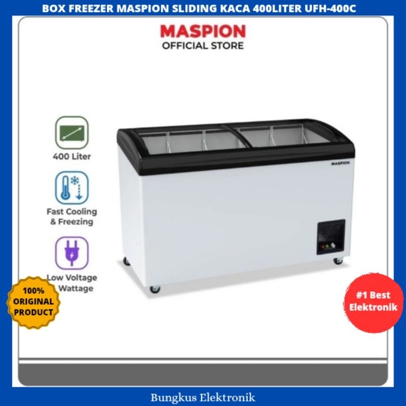 BOX FREEZER SLIDING KACA MASPION 400LITER UFH-400C CHEST FREEZER MASPION SLIDING KACA 400L