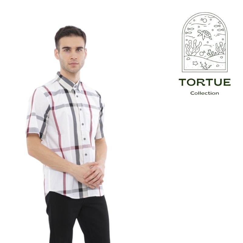 Kemeja Pria Katun Putih Garis Merah Lengan Pendek By Tortue Exclusive