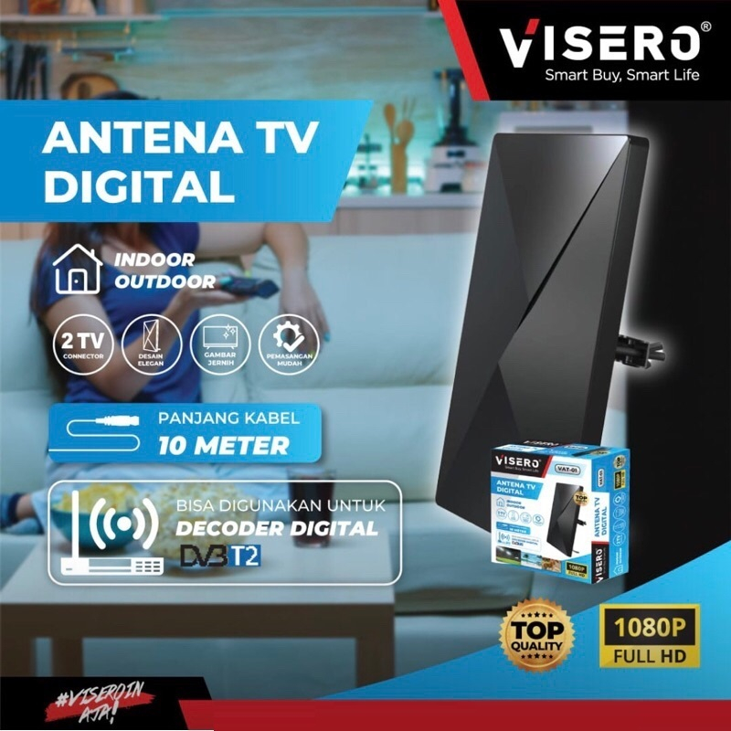 Antena TV Digital VISERO VAT-01 FHD DVB T2 Indoor Outdoor Kabel 10m