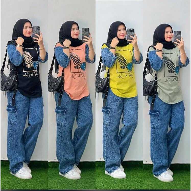 One set Jeans mix Atasan Combed Wanita Dewasa