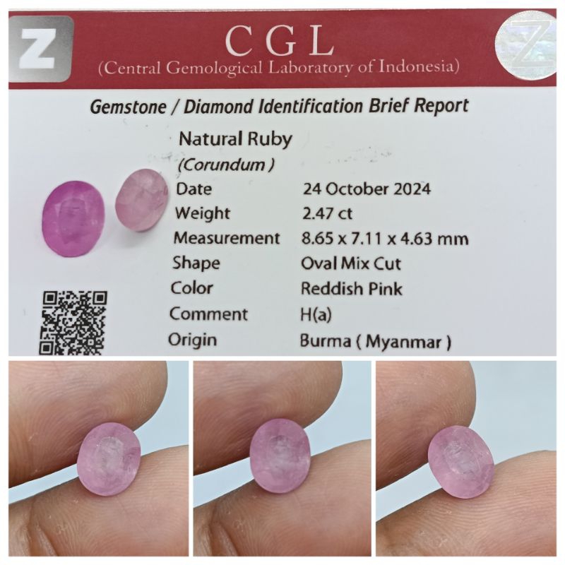 Natural Ruby Burma Heat-a Kristal 2,4 ct memo CGL