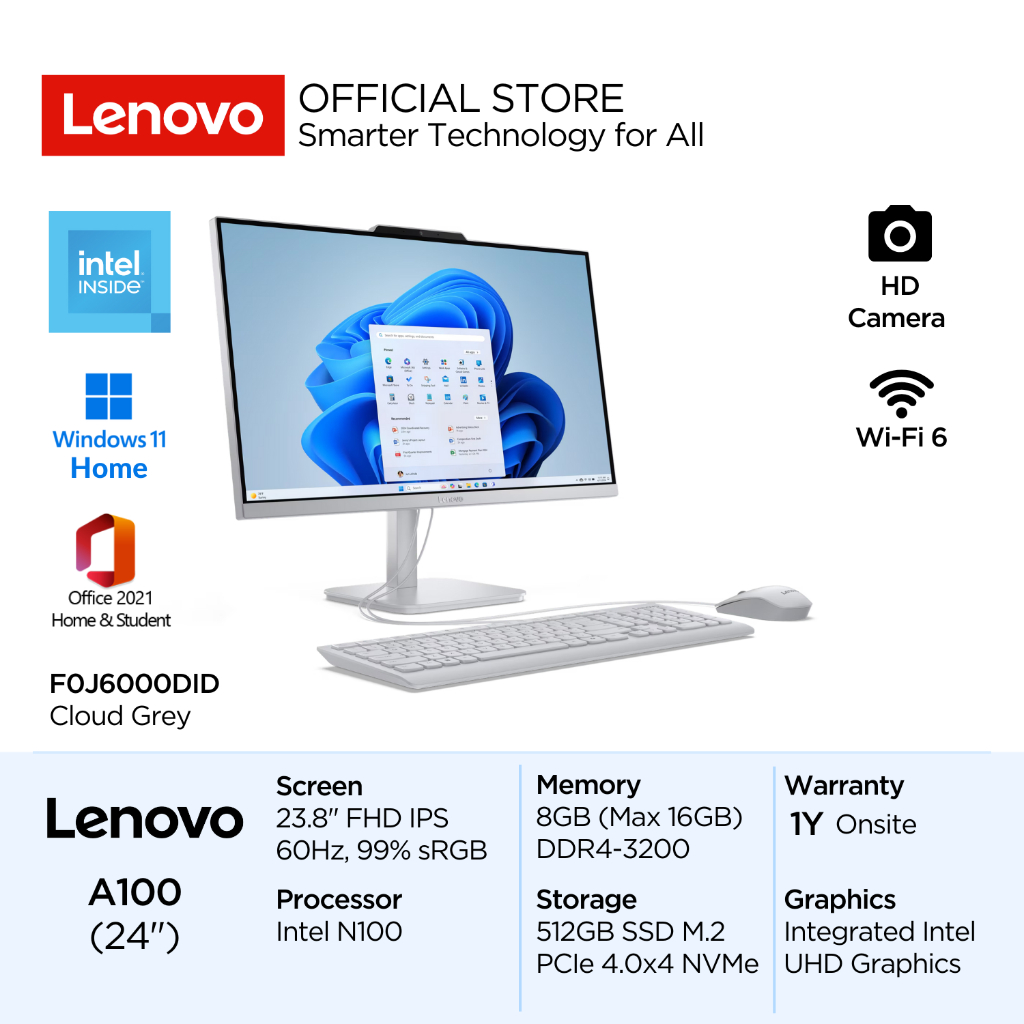 Lenovo PC AIO A100 0DID Intel N100 Win11 Home 8GB 512GB SSD 23.8" FHD IPS 250nits 60Hz 99% sRGB Anti