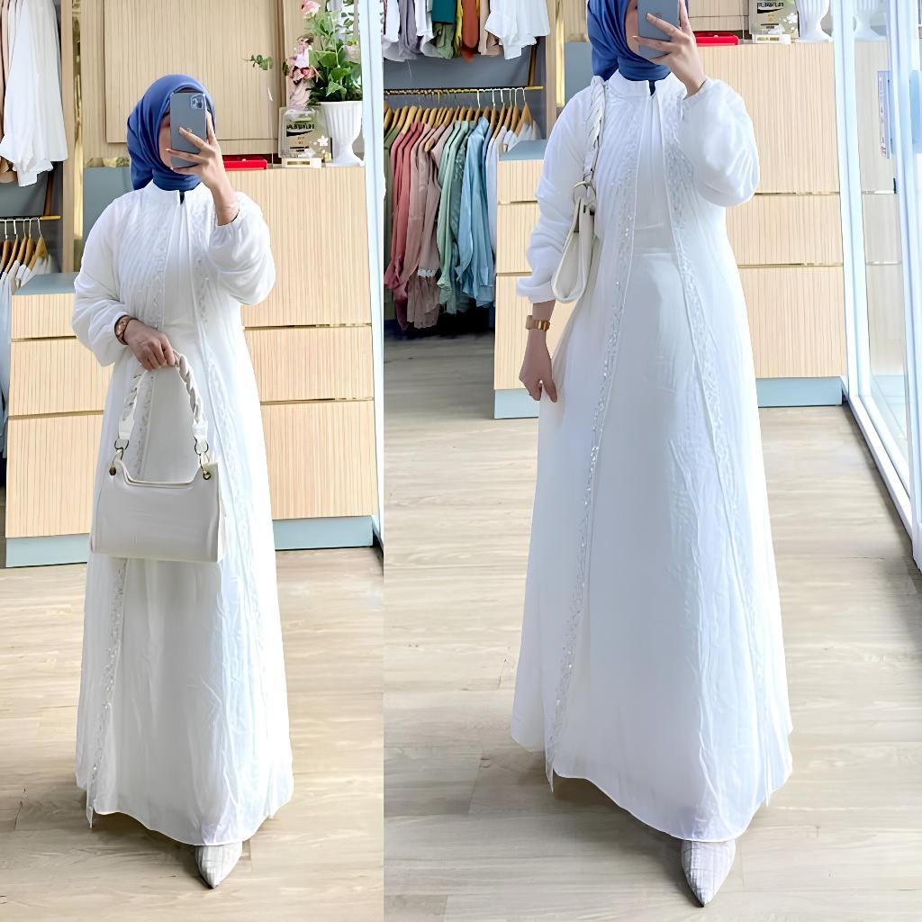 Abaya Lebaran/ Baju Muslim Putih Wanita/ Busana Muslim Umroh Haji/ Baju Gamis Putih Tulang Lebaran/ 