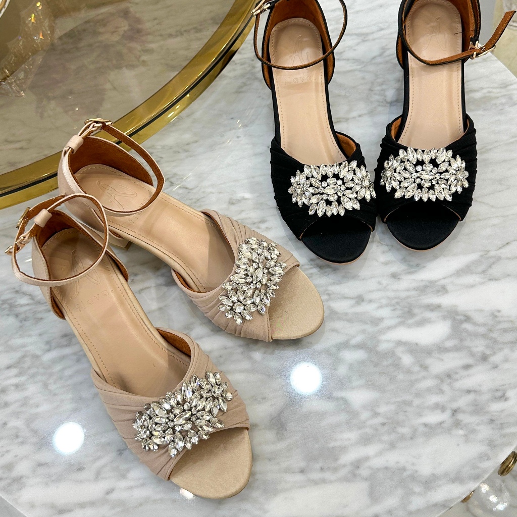 Julia satin with ruffle and Crystals Accent. 5 cm Block heels