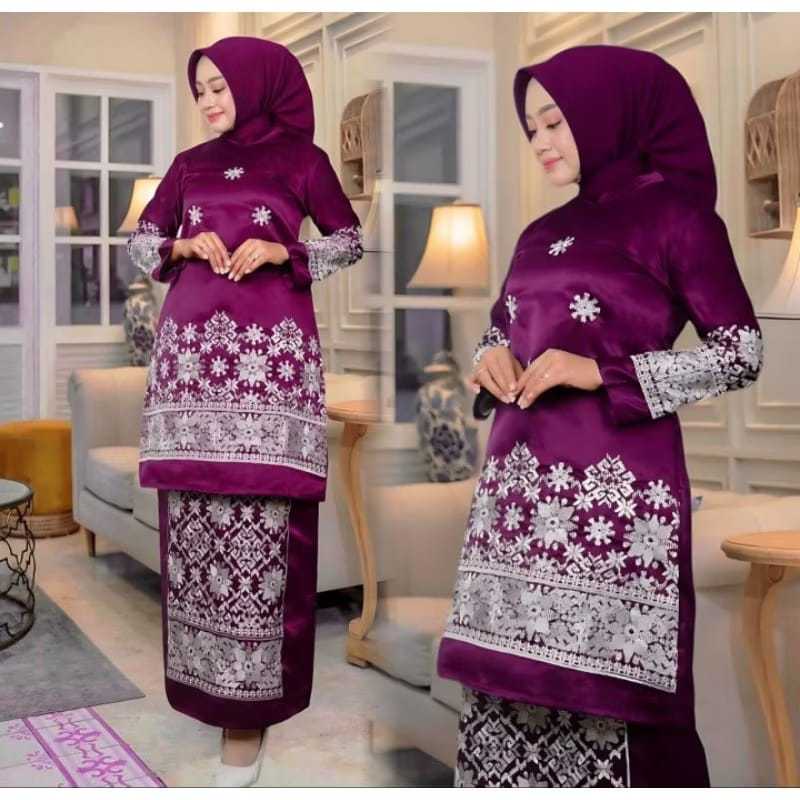 Setelan Terbaru Tunik Bordir KEMALA Free Hijab Baju Kurung Full Bordir Vol:3 Bahan Satin Bridal Prem