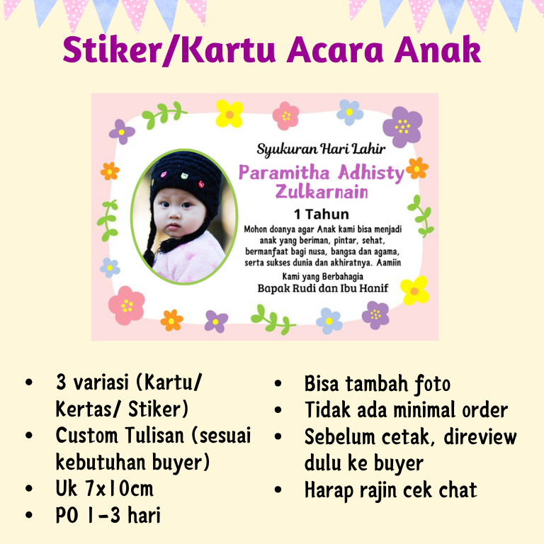 

Custom Label/ Stiker/ Kartu Acara Anak Ulang Tahun, Khitanan, Tedhak Siten, dsb