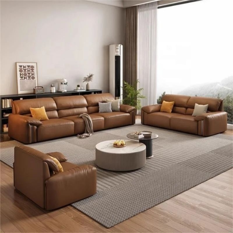 sofa kulit coklat ,warna elegan sentuhan mewah untuk ruang tamu