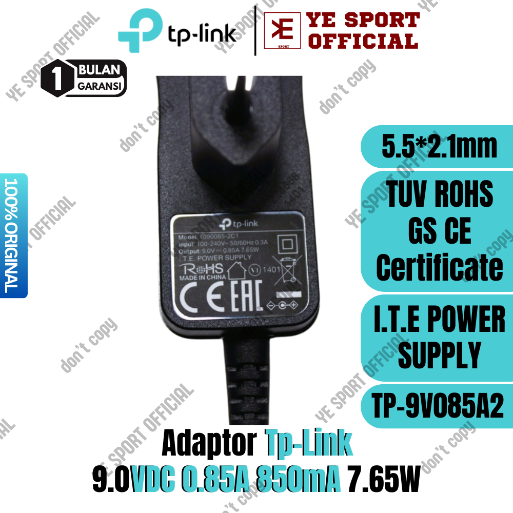 ADAPTOR TPLINK 9V 9.0V 0.85A 850mA 7.65W ORIGINAL TP LINK