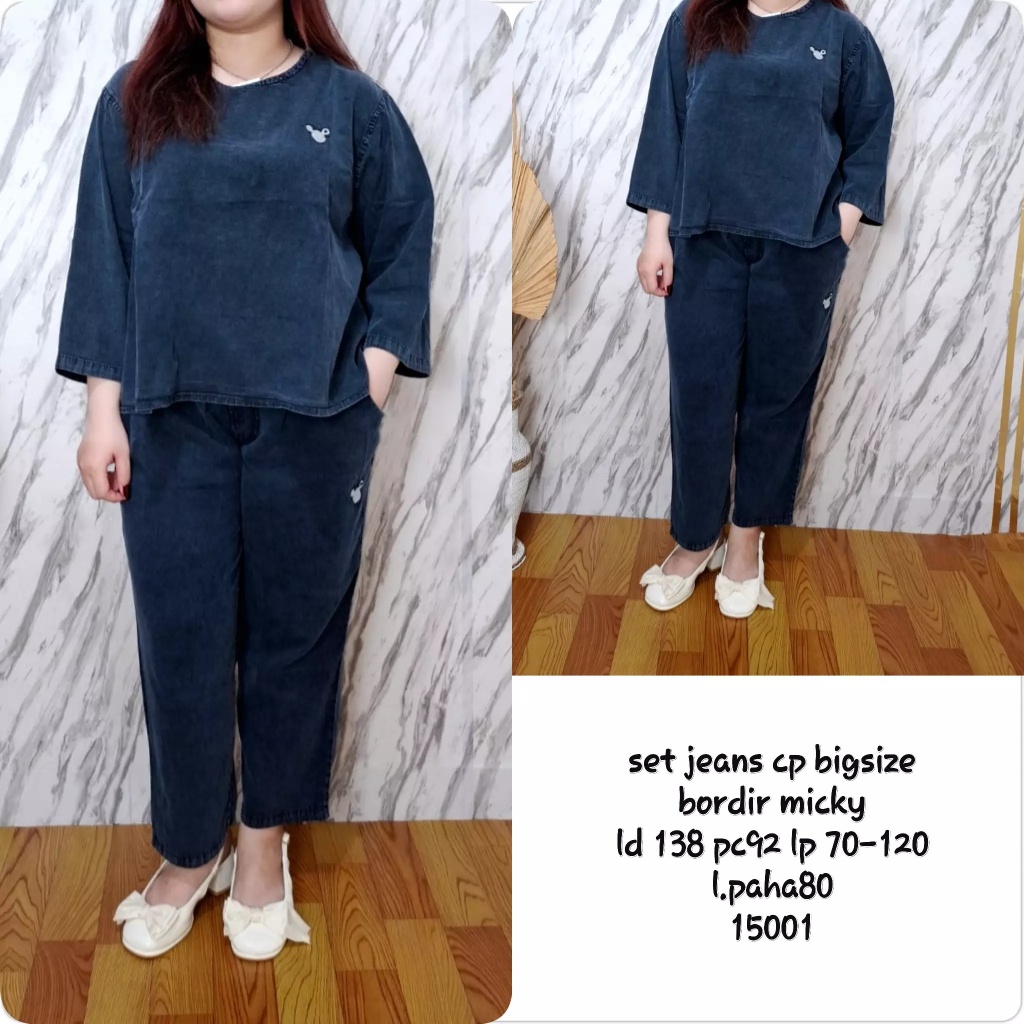 Setelan Jeans Wanita Celana Panjang / Setelan Jeans jumbo / Jeans Motif Bordir Bigsize