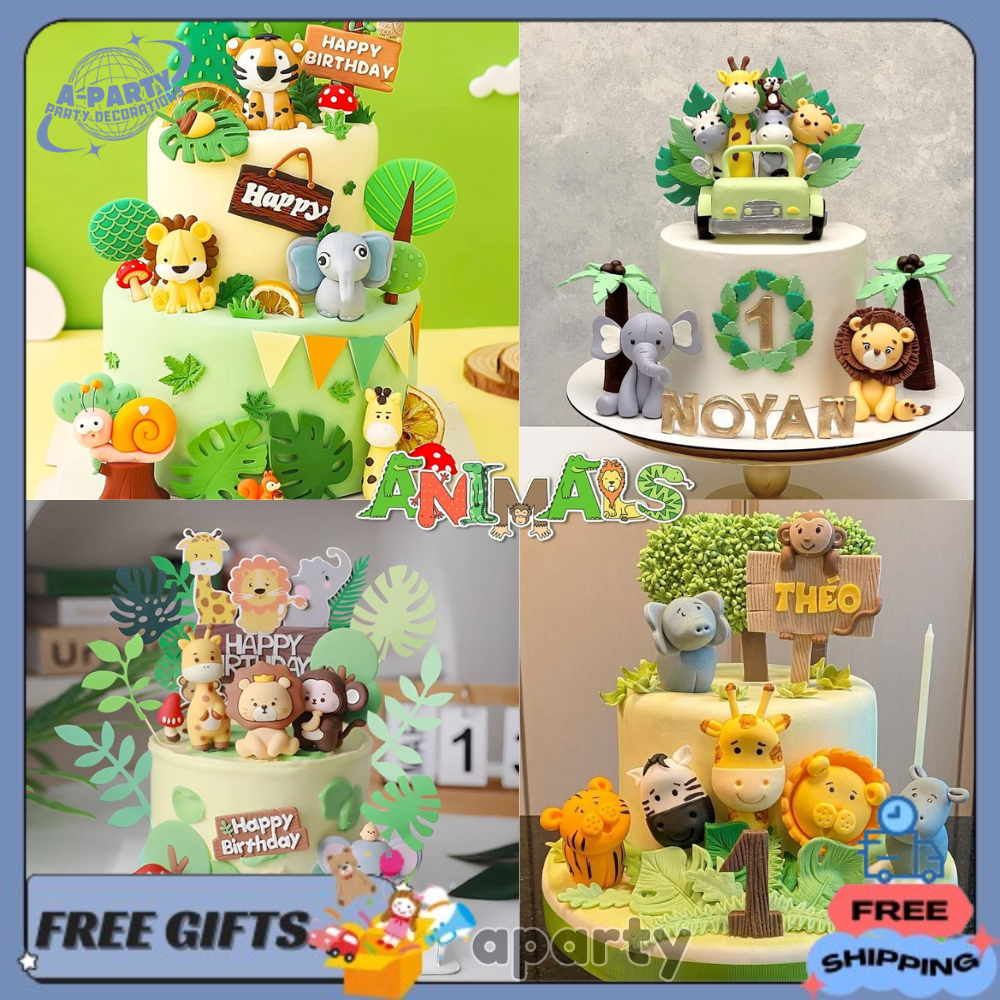 Topper Kue Hewan Safari Lucu 3D Baru/ Hiasan Kue Bertema Hewan Liar/ Dekorasi Kue Ulang Tahun Anak-A