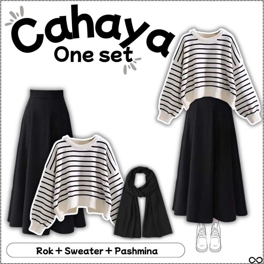 Cahaya One Set Wanita Korean Style (Sweater salur dan Rok hitam) OOTD Remaja Kekinian - FS26