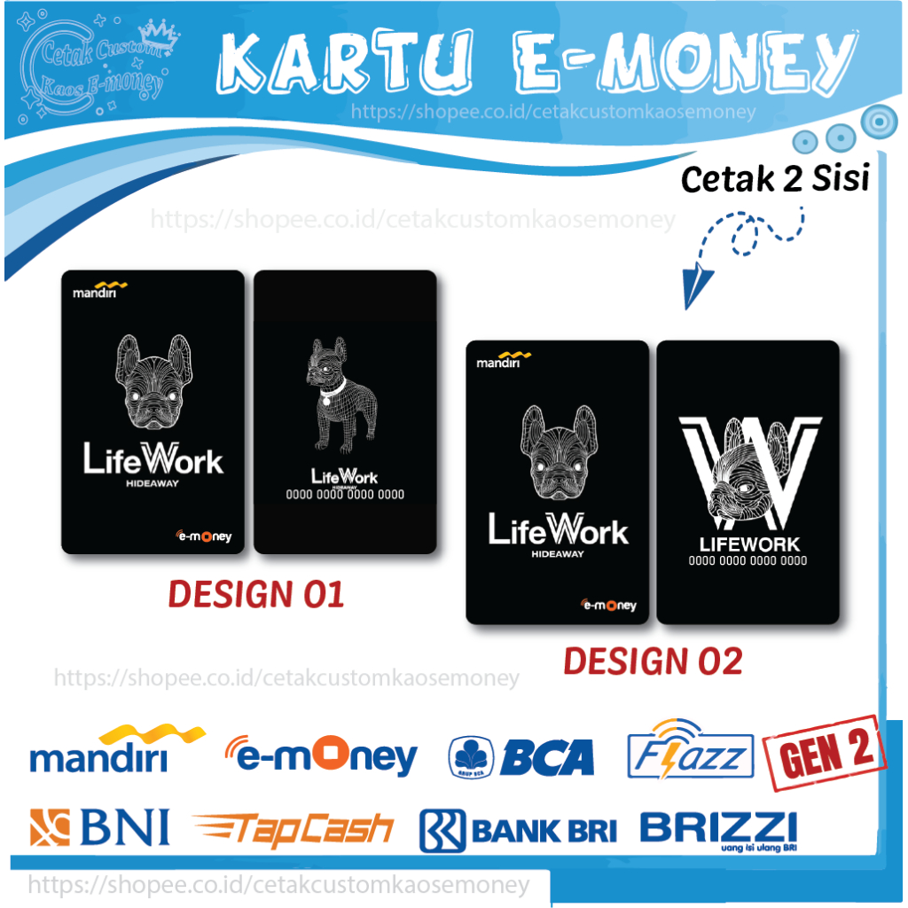 KARTU E MONEY E TOLL GAMBAR LIFE WORK KUMPULAN EMONEY MANDIRI BNI BRI BCA - 2 SISI