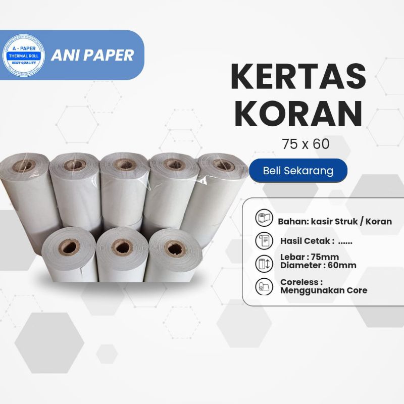 

Kertas kasir Struk koran 75 mm x60 mm 1ply paket 10roll