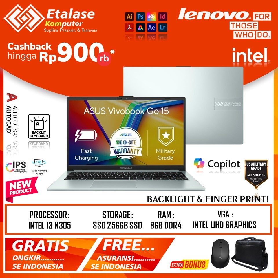 Laptop Baru Asus Vivobook Go 15 E1504GA Intel Core I3 N305 Ram 8GB Green Grey Win 11 Original