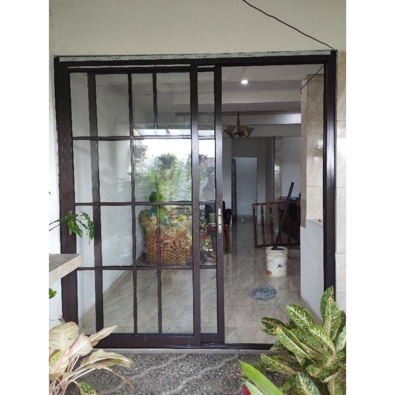 Pintu double sliding (sliding door ekonomi), pintu sliding double full kaca + ornamen, Pintu sliding