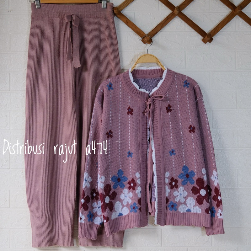 ONESET CARDIGAN RAJUT HASEWA MOTIF PITA BUNGA SETELAN CELANA KULOT RAJUT WANITA
