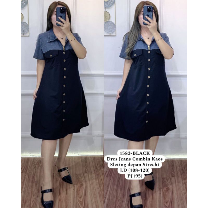 DRESS wanita kekinian bahan jeans Kombi kaos Stretch resleting depan 1583
