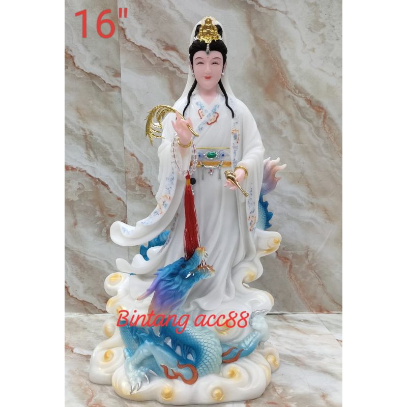 patung dewi kwan im/ kwan in / guan yin - berdiri di atas naga - mamer - 16inch