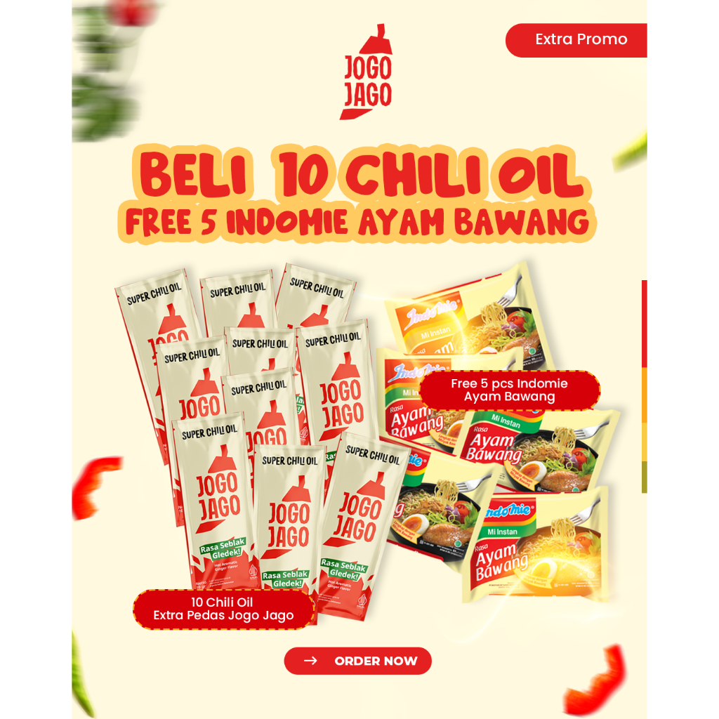 

(Extra Promo) Beli 10 Pcs Super Chili Oil Jogojago 10g Gratis 5 Pcs Indomie Ayam Bawang