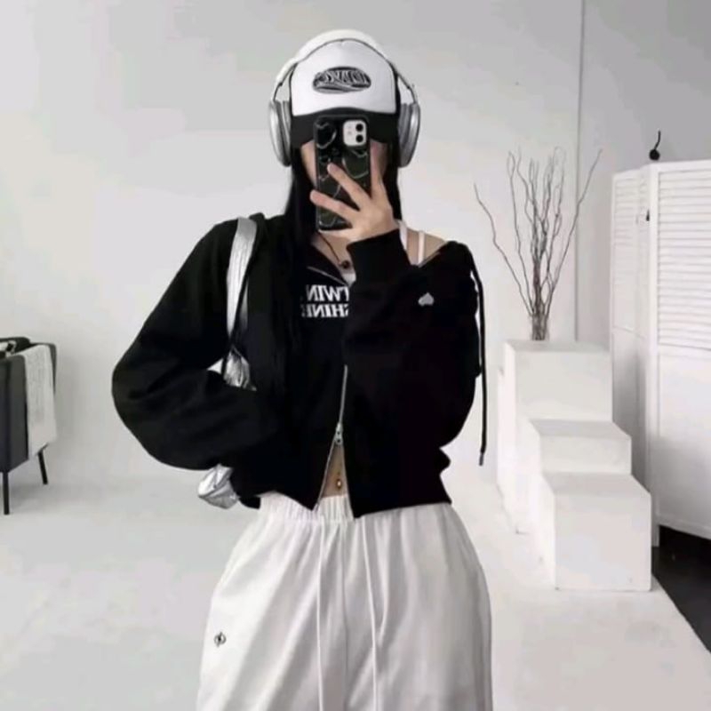Hoppes - Sweater Wanita Korean Style Double Zipper Hoodie Crop Fancy