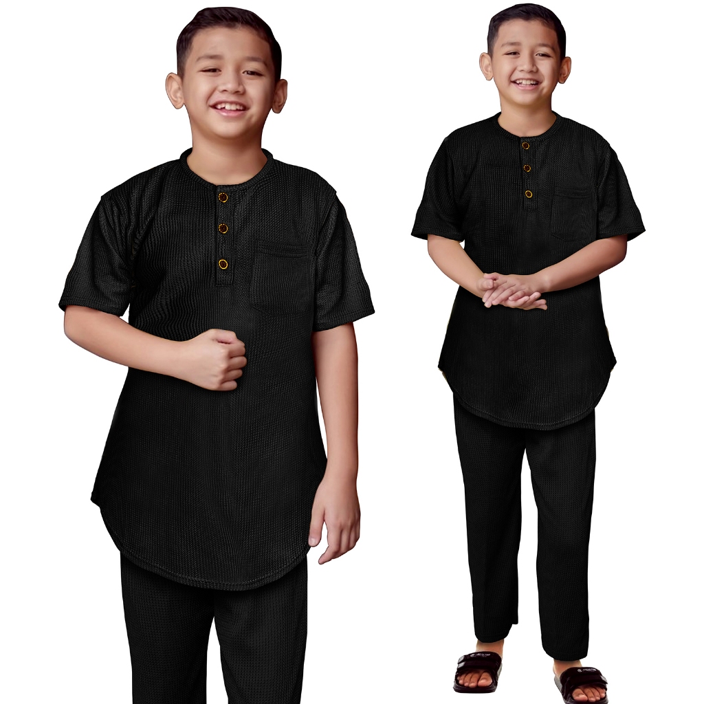 Setelan Koko Anak Bahan Waffle Uniqlo Baju Lebaran Lengan Pendek Anak-Anak 1-10 Tahun