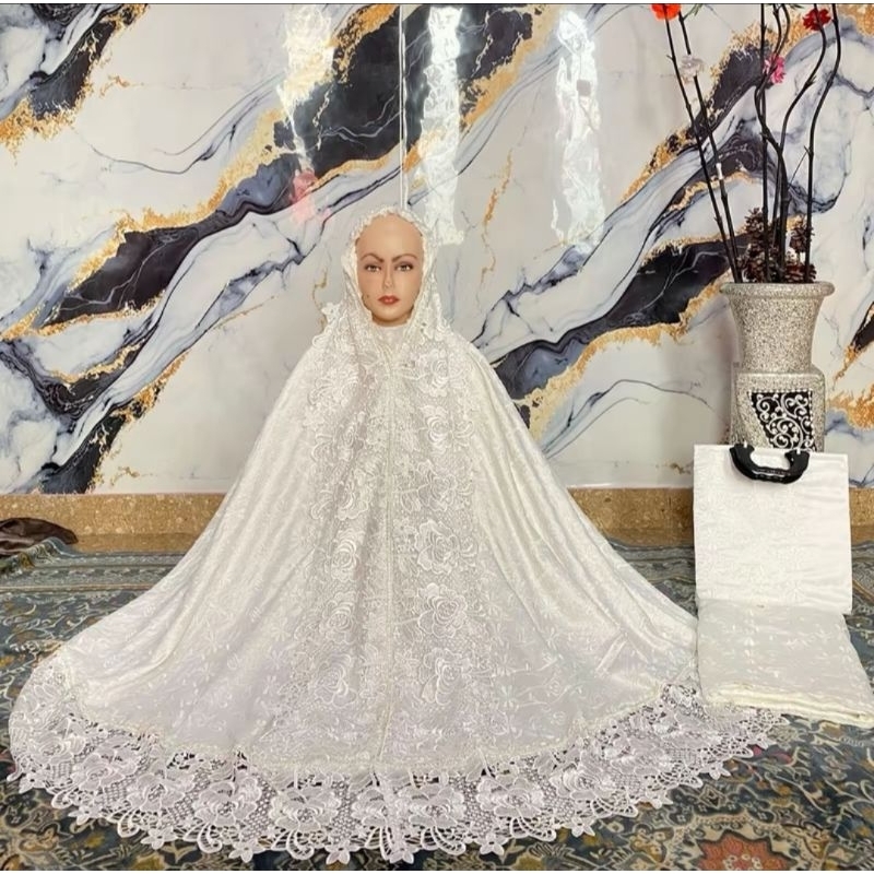 Mukena dewasa sutra paris putih tulang renda Ori