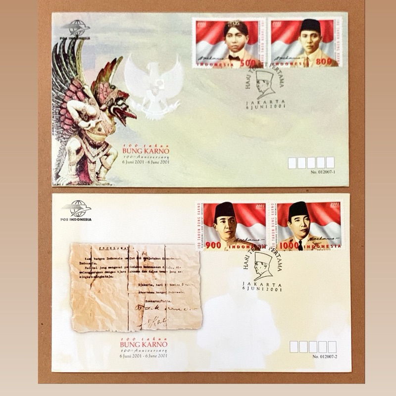 

PRANGKO INDONESIA 2001 SHP 100th BUNG KARNO 2BUAH SAMPUL COMPLIT SET MINT.