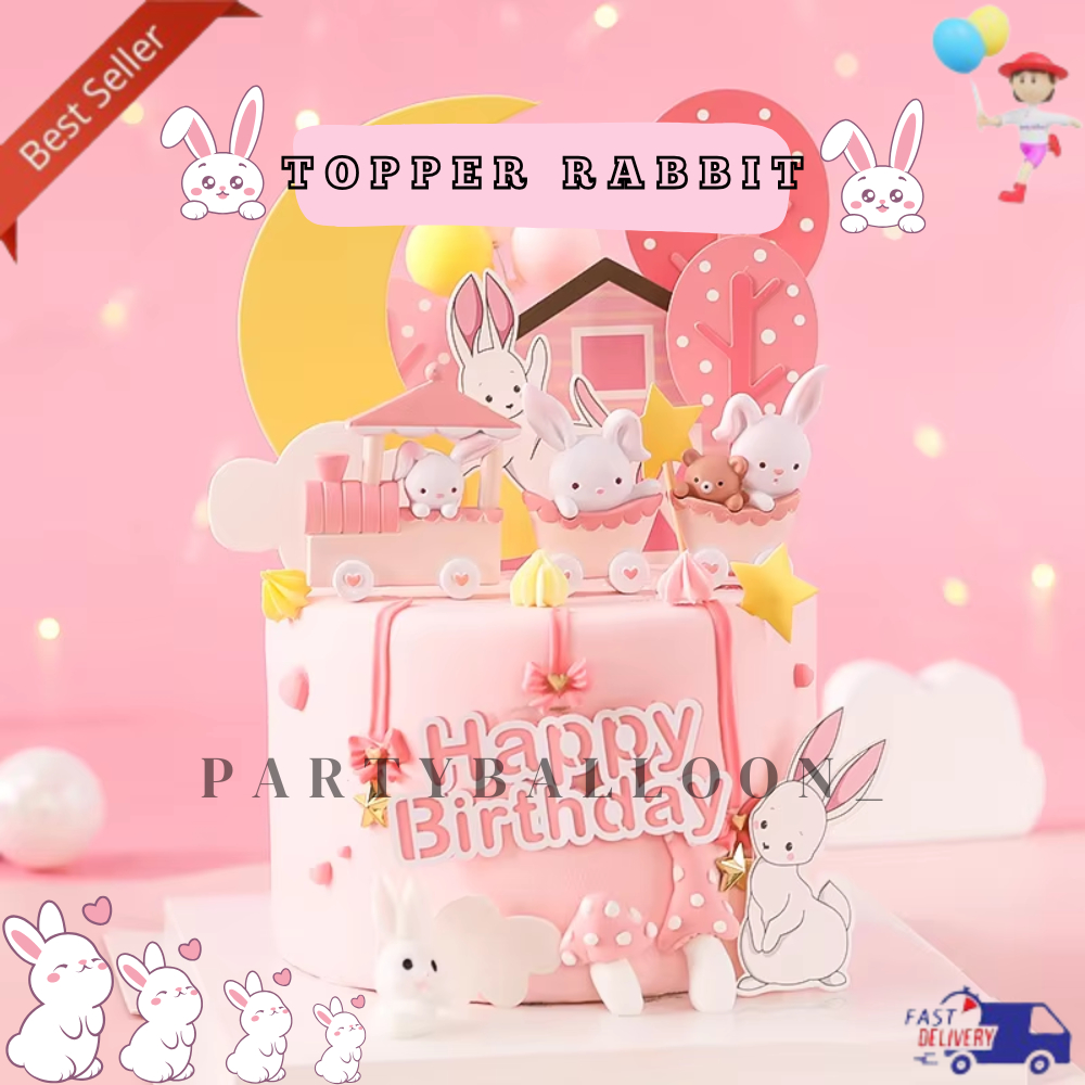 Cake Topper Kereta Kelinci Bunny Pink Awan Toper Kue Ulang Tahun Dekorasi Kue Ulang Tahun Anak