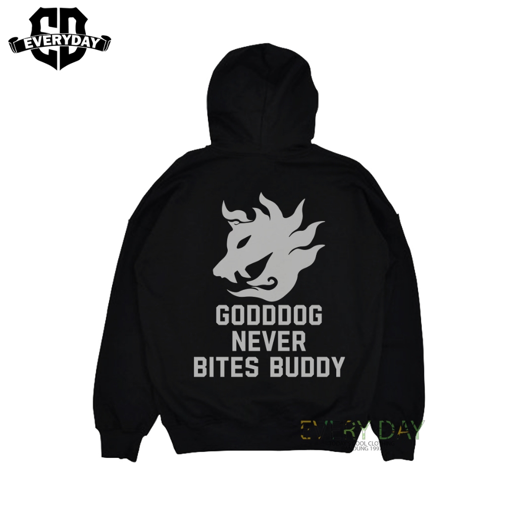Jaket GOD DOG Never Bites Buddy Hoodie Cotton Fleece Hitam
