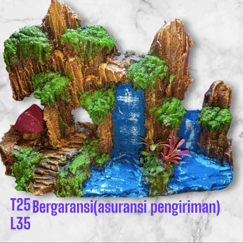 Hiasan dekorasi aquarium tebing variasi bukit gua dua air terjun